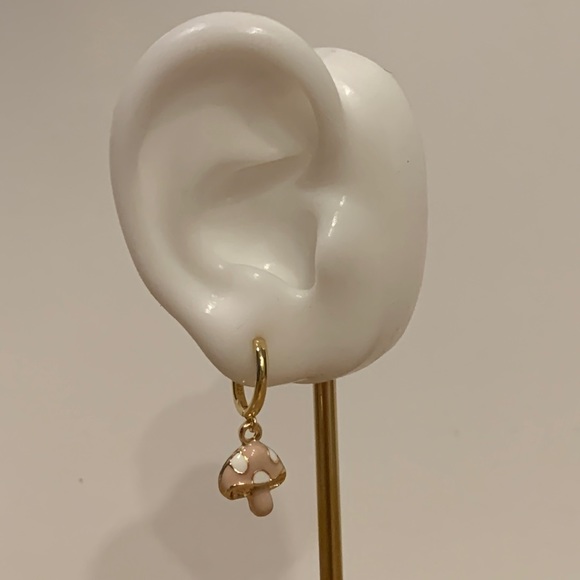 Anthropologie Jewelry - gold plated sterling silver pale pink & white spotted mushroom hoops toadstool